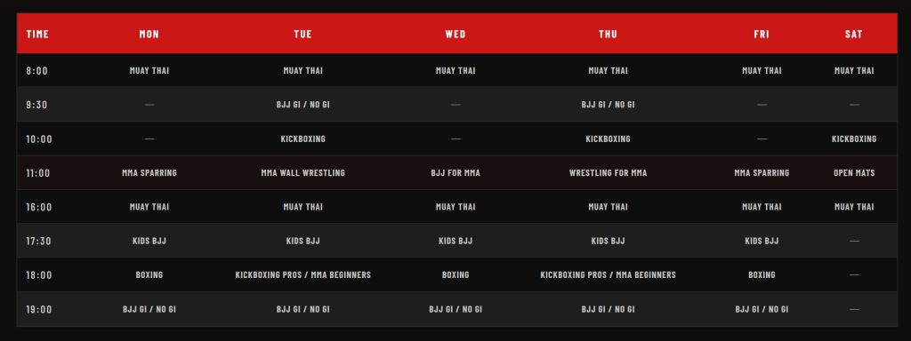 Phuket Fight Camp lessen schema